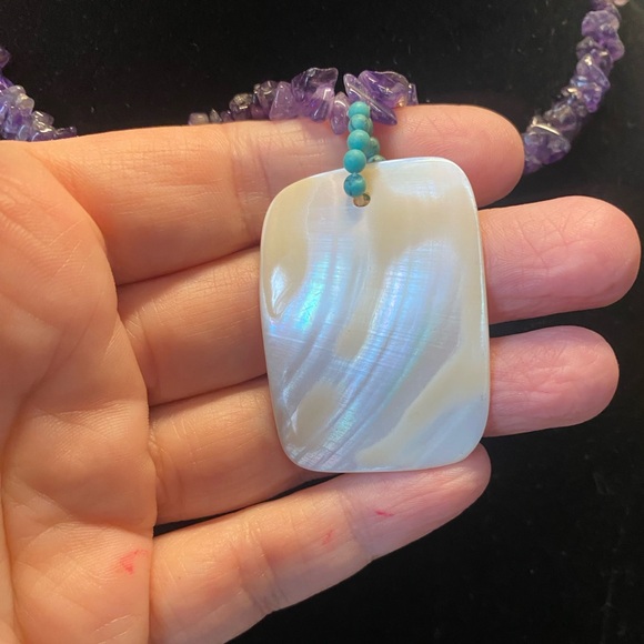 Vintage Amethyst Necklace W/ Mother Of Pearl Pendant Attached W/ Turquoise Beads - Picture 3 of 5